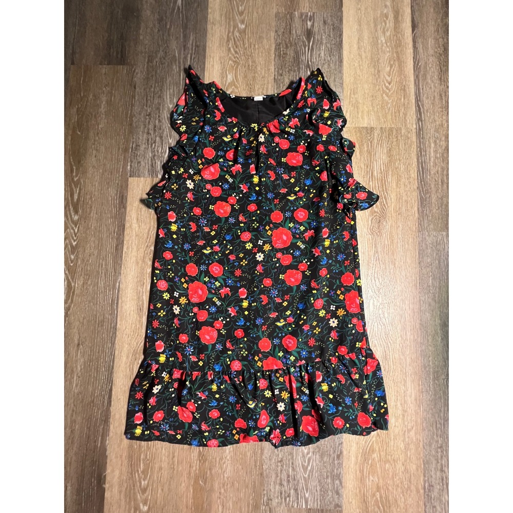 J.Crew Floral Mini Dress Womens XS Black Excellent Ruffle Trim Sleeveless Shift